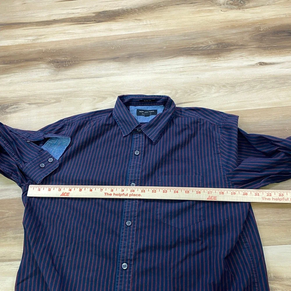 Banana Republic Button Down Men L Stretch Soft Wash Slim Navy Burgundy Stripe